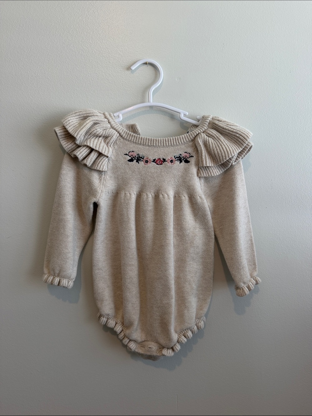 Janie and Jack Cream Knit Ruffle One-Piece with Pink Floral Embroidery